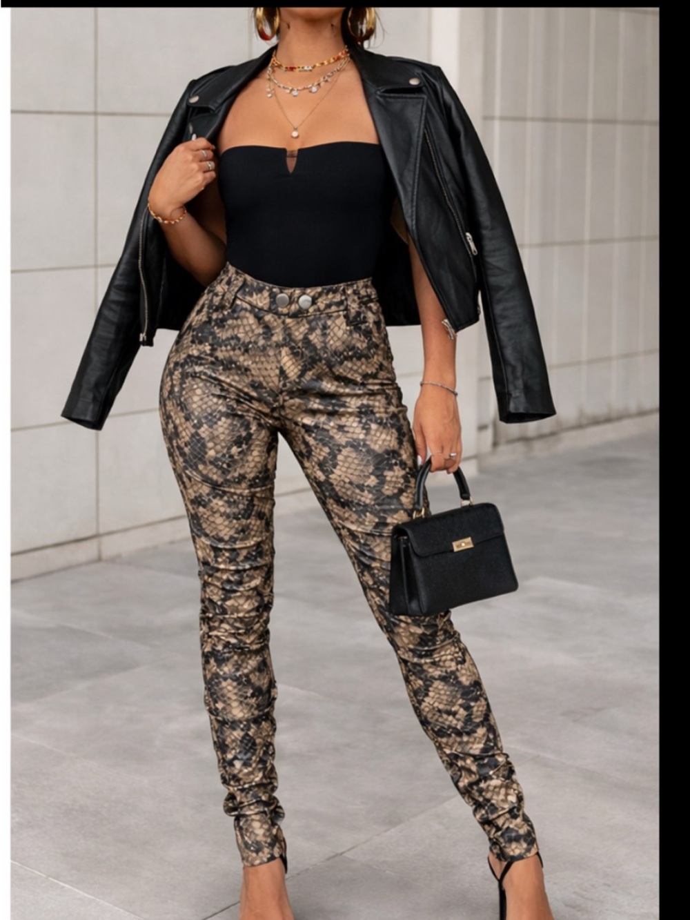 NWT TOV Holy Boutique Snake Print Ruched Faux Leather Leggings Size 42 Zip Calf